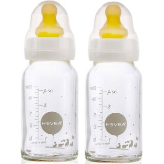 Babyflaschen-Set "2 Babyglasfaschen für Hevea Ball - weiß, 120ml", Glasflasche mit NaturkautschukSauger (0-3 Monate) schmal